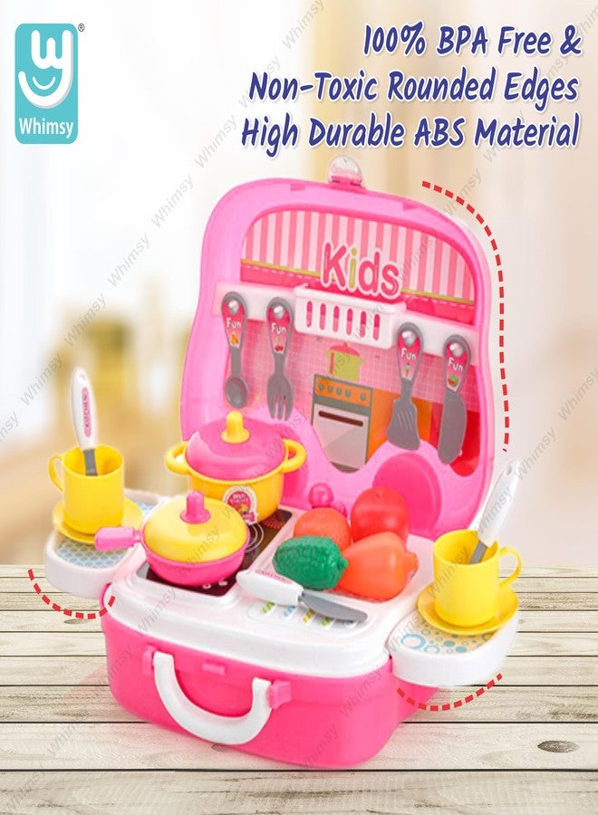 ويمسي طقم مطبخ مرح للبنات، طقم مطبخ على شكل حقيبة بعجلات، طقم طبخ ملون للعب التخيلي للبنات مكون من 18 قطعة، طقم مطبخ محمول للأطفال من عمر 3 سنوات، معتمد من مكتب المعايير الهندية (BIS). (طقم مطبخ على شكل حقيبة) - Image 4